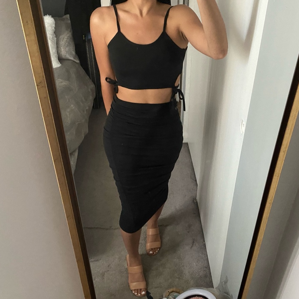 LAST ONE "Be Mine" Black Cut-out Crop Top & Ruched Midi Skirt Set